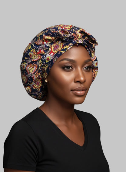 Navy Floral Ankara Satin-Lined Bonnet with Long Ties – Multi-Wear Sleep Cap, Turban & Headwrap - Fatisha Boutique #