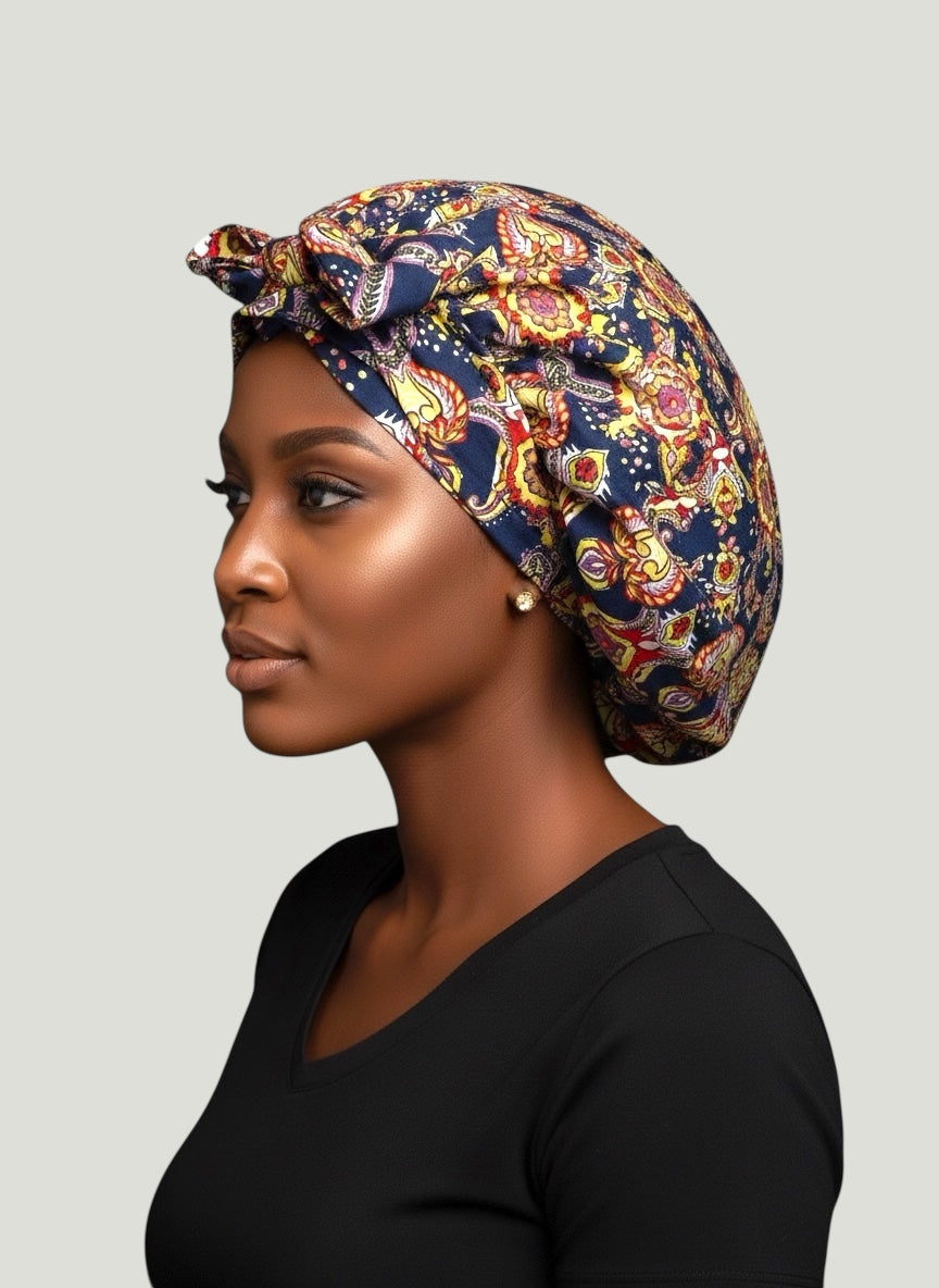 Navy Floral Ankara Satin-Lined Bonnet with Long Ties – Multi-Wear Sleep Cap, Turban & Headwrap - Fatisha Boutique #