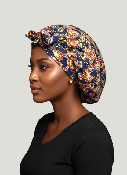 Navy Floral Ankara Satin-Lined Bonnet with Long Ties – Multi-Wear Sleep Cap, Turban & Headwrap - Fatisha Boutique #