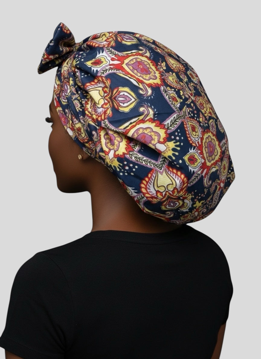 Navy Floral Ankara Satin-Lined Bonnet with Long Ties – Multi-Wear Sleep Cap, Turban & Headwrap - Fatisha Boutique #