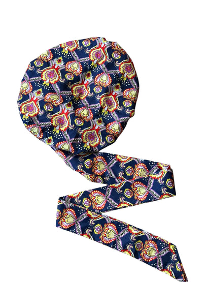 Navy Floral Ankara Satin-Lined Bonnet with Long Ties – Multi-Wear Sleep Cap, Turban & Headwrap - Fatisha Boutique #