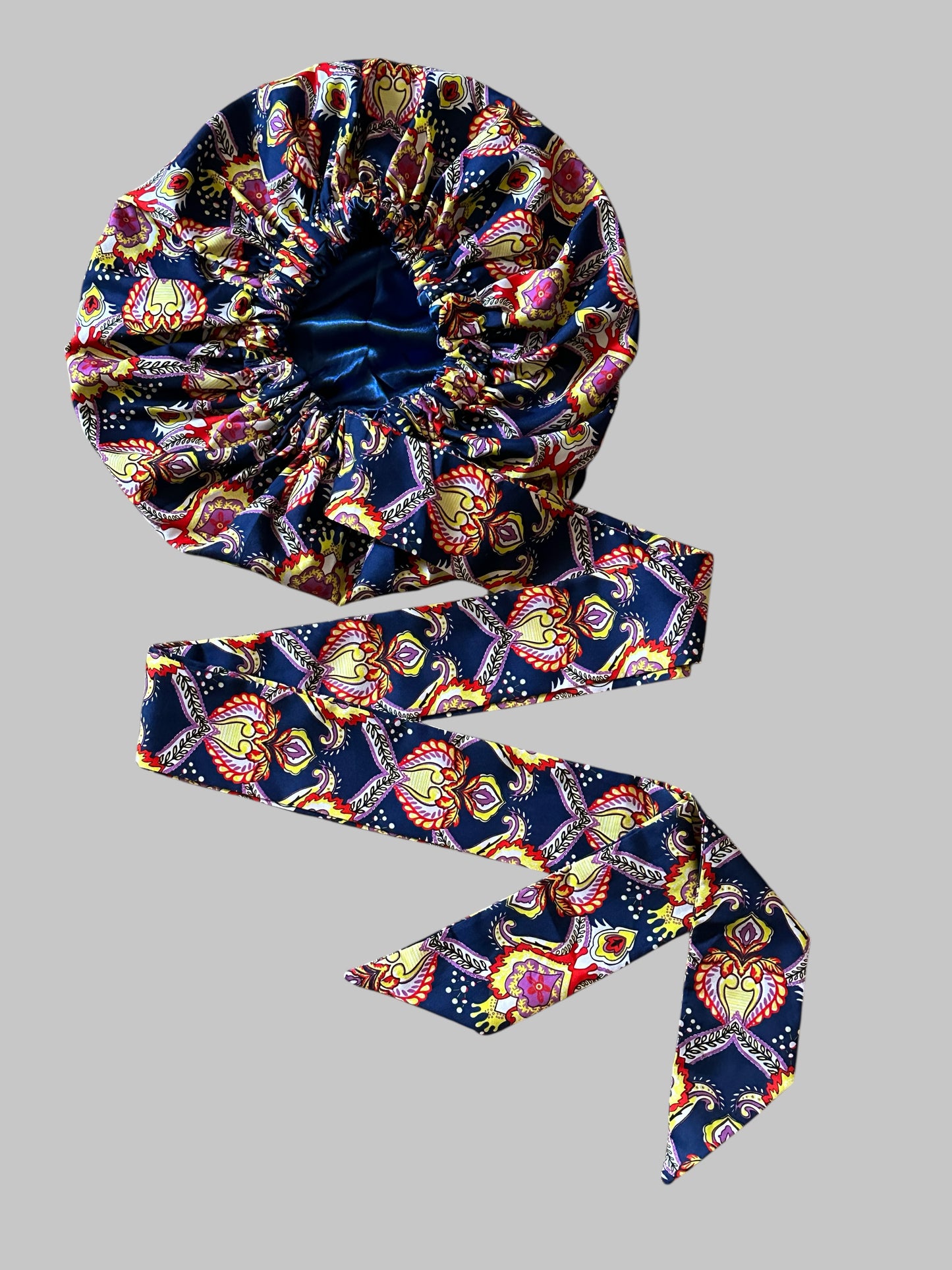 Navy Floral Ankara Satin-Lined Bonnet with Long Ties – Multi-Wear Sleep Cap, Turban & Headwrap - Fatisha Boutique #