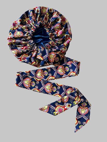 Navy Floral Ankara Satin-Lined Bonnet with Long Ties – Multi-Wear Sleep Cap, Turban & Headwrap - Fatisha Boutique #