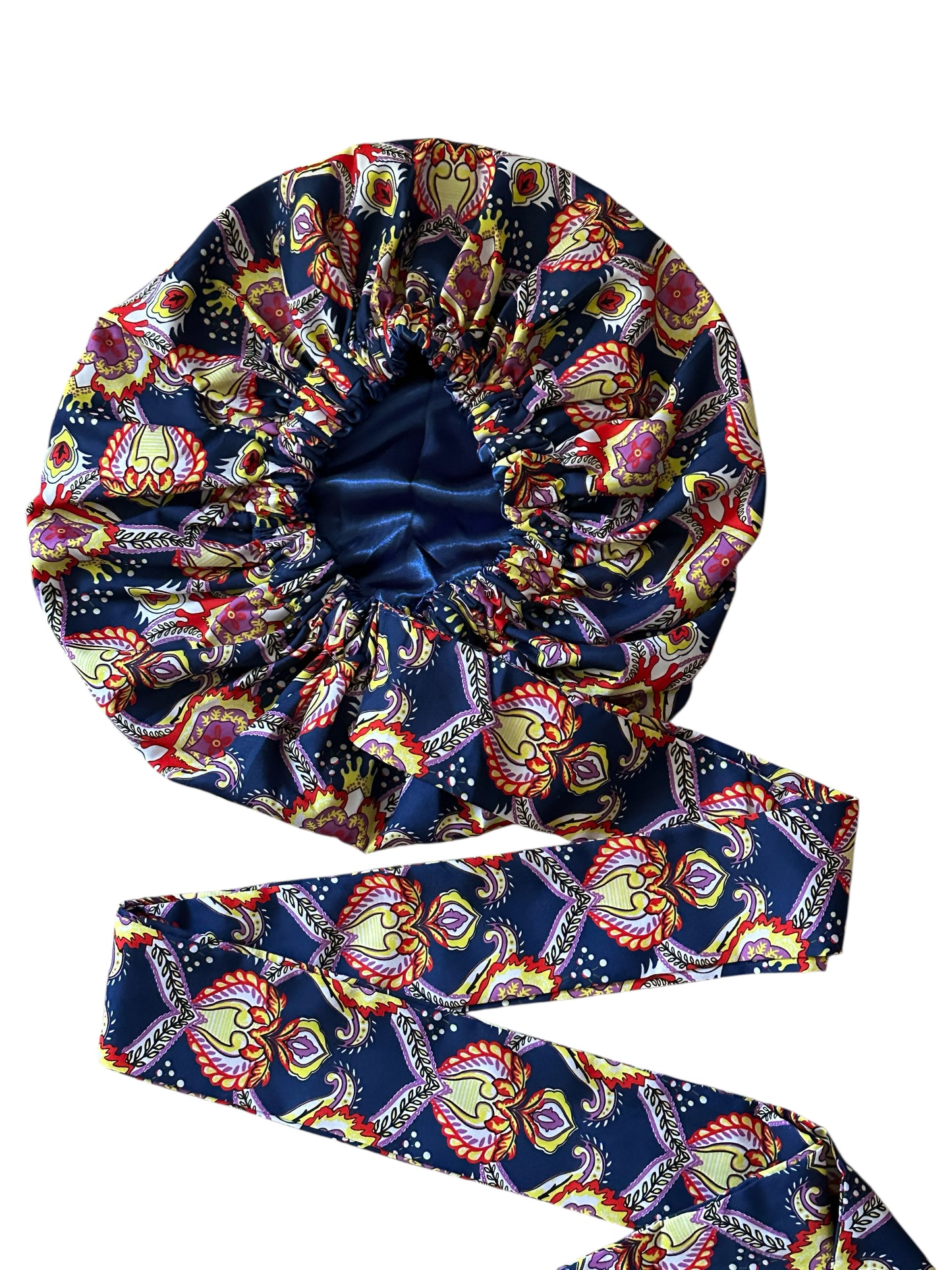 Navy Floral Ankara Satin-Lined Bonnet with Long Ties – Multi-Wear Sleep Cap, Turban & Headwrap - Fatisha Boutique #