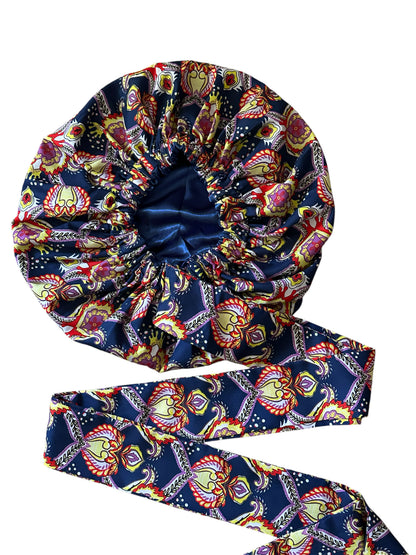 Navy Floral Ankara Satin-Lined Bonnet with Long Ties – Multi-Wear Sleep Cap, Turban & Headwrap - Fatisha Boutique #