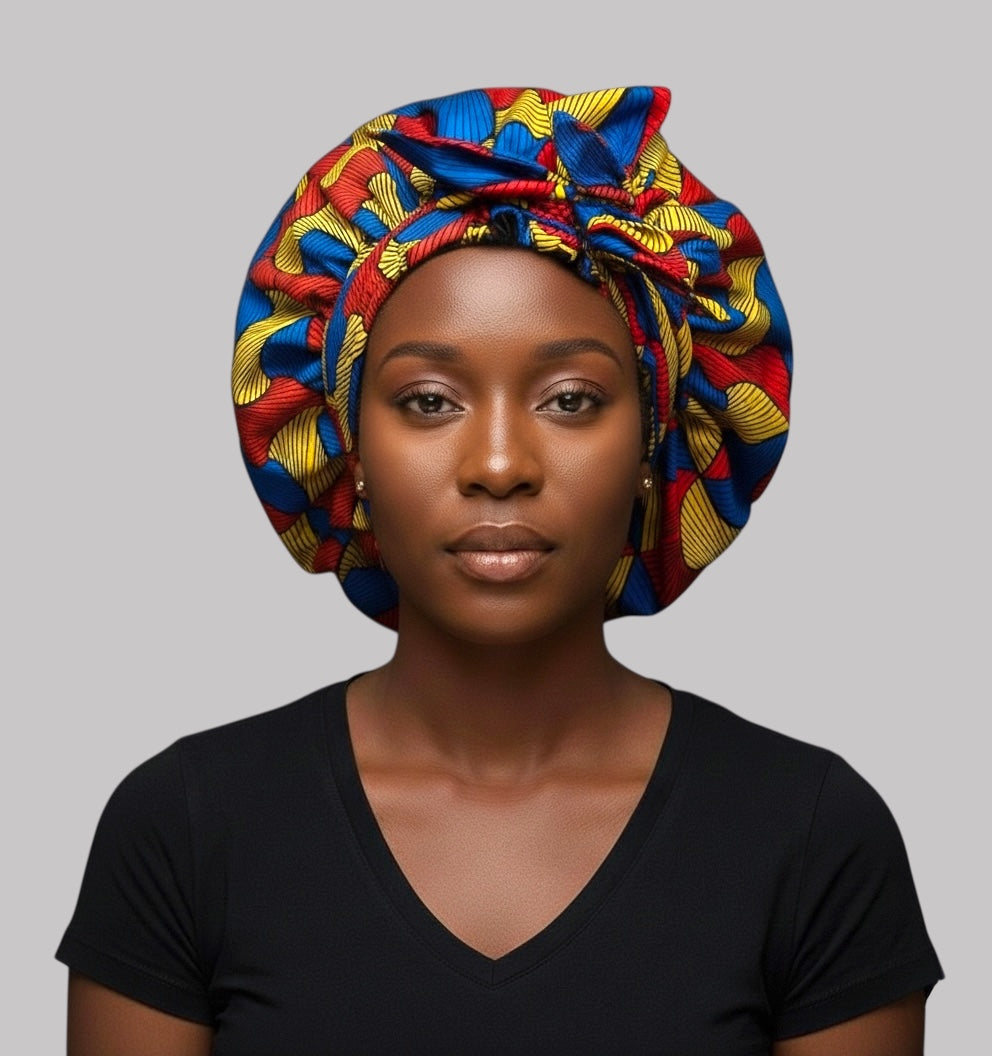 Red, Blue & Yellow Ankara Satin-Lined Bonnet with Long Ties – Multi-Wear Sleep Cap, Turban & Headwrap - Fatisha Boutique # Fatisha Boutique