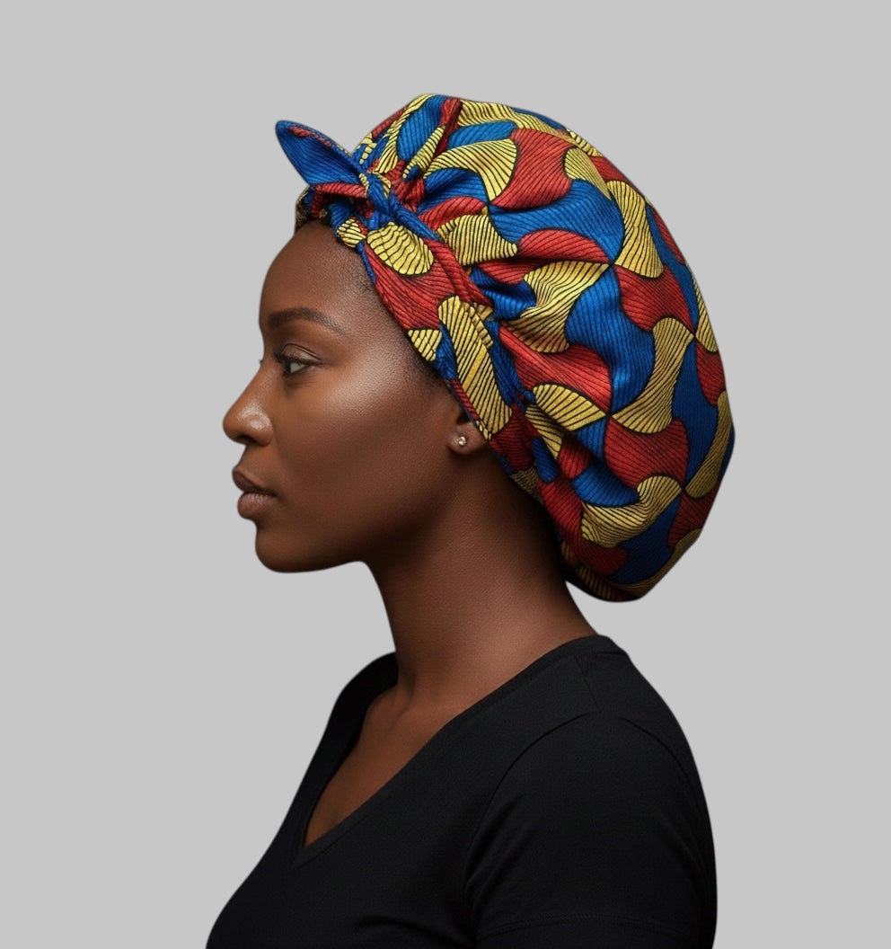 Red, Blue & Yellow Ankara Satin-Lined Bonnet with Long Ties – Multi-Wear Sleep Cap, Turban & Headwrap - Fatisha Boutique # Fatisha Boutique