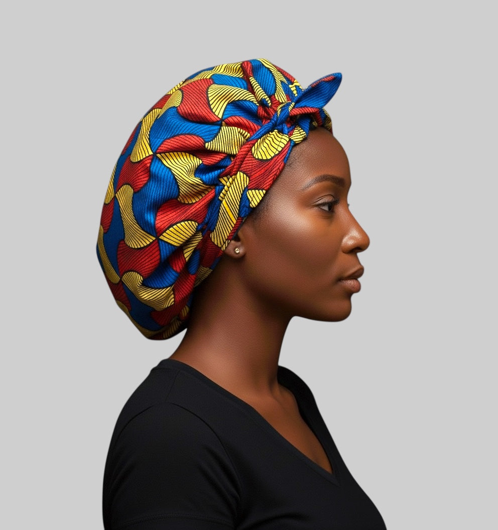Red, Blue & Yellow Ankara Satin-Lined Bonnet with Long Ties – Multi-Wear Sleep Cap, Turban & Headwrap - Fatisha Boutique # Fatisha Boutique