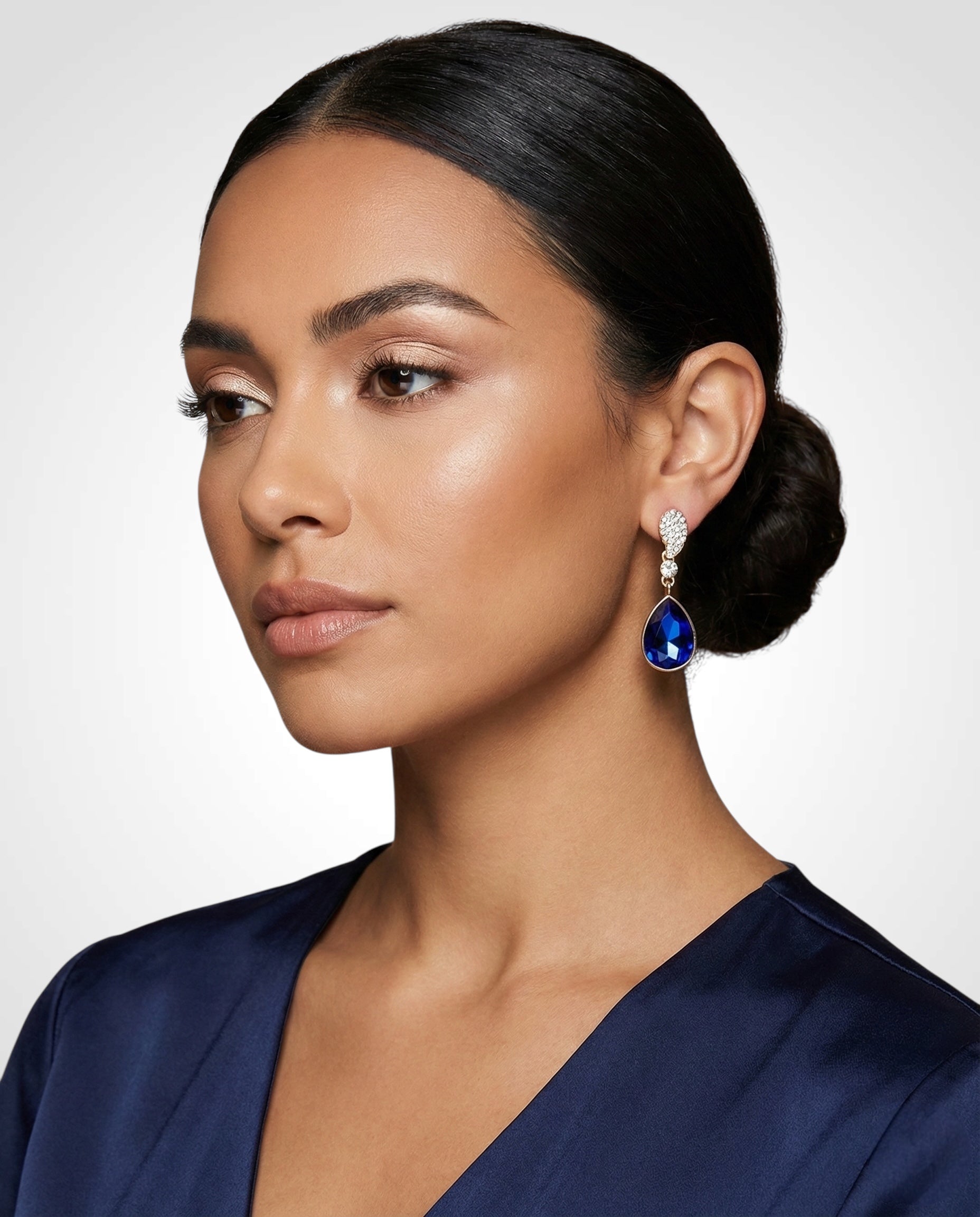 Royal Blue Crystal Teardrop Earrings – Small Gold Rhinestone Drop Earrings for Elegant Occasions - Fatisha Boutique #