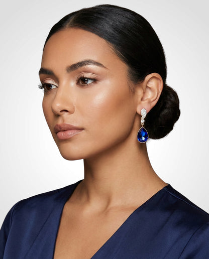 Royal Blue Crystal Teardrop Earrings – Small Gold Rhinestone Drop Earrings for Elegant Occasions - Fatisha Boutique #