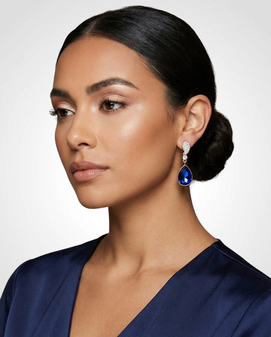 Royal Blue Crystal Teardrop Earrings – Small Gold Rhinestone Drop Earrings for Elegant Occasions - Fatisha Boutique #