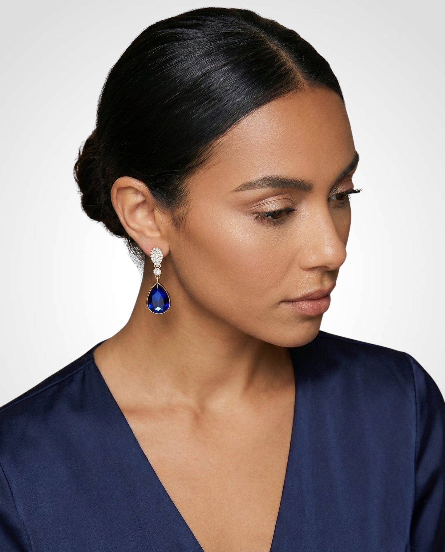 Royal Blue Crystal Teardrop Earrings – Small Gold Rhinestone Drop Earrings for Elegant Occasions - Fatisha Boutique # Fatisha Boutique