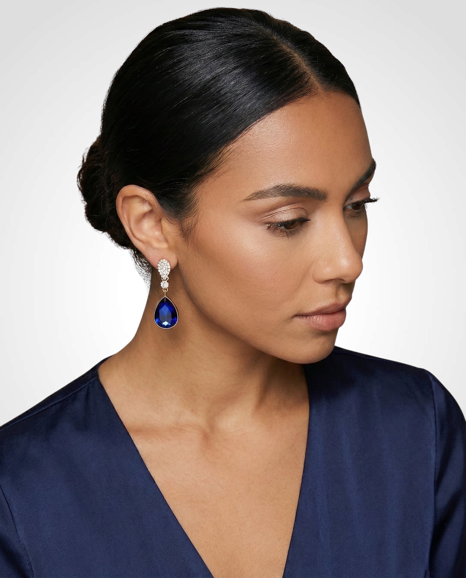Royal Blue Crystal Teardrop Earrings – Small Gold Rhinestone Drop Earrings for Elegant Occasions - Fatisha Boutique #