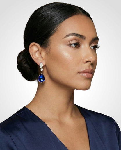 Royal Blue Crystal Teardrop Earrings – Small Gold Rhinestone Drop Earrings for Elegant Occasions - Fatisha Boutique #