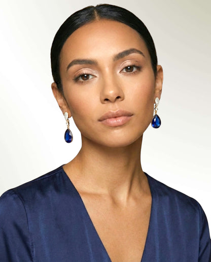Royal Blue Crystal Teardrop Earrings – Small Gold Rhinestone Drop Earrings for Elegant Occasions - Fatisha Boutique #
