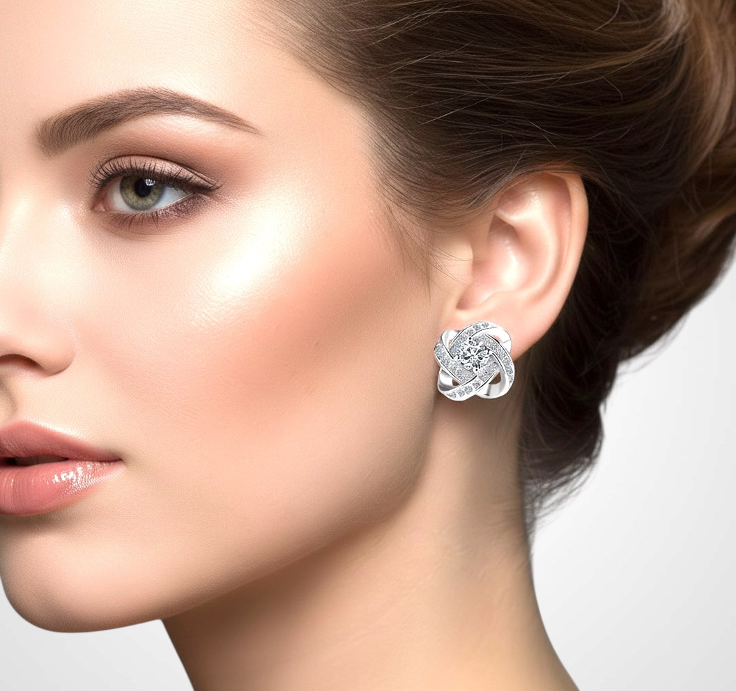 Silver Crystal Knot Stud Earrings – Cubic Zirconia Twist Design (Clear or Purple) - Fatisha Boutique #