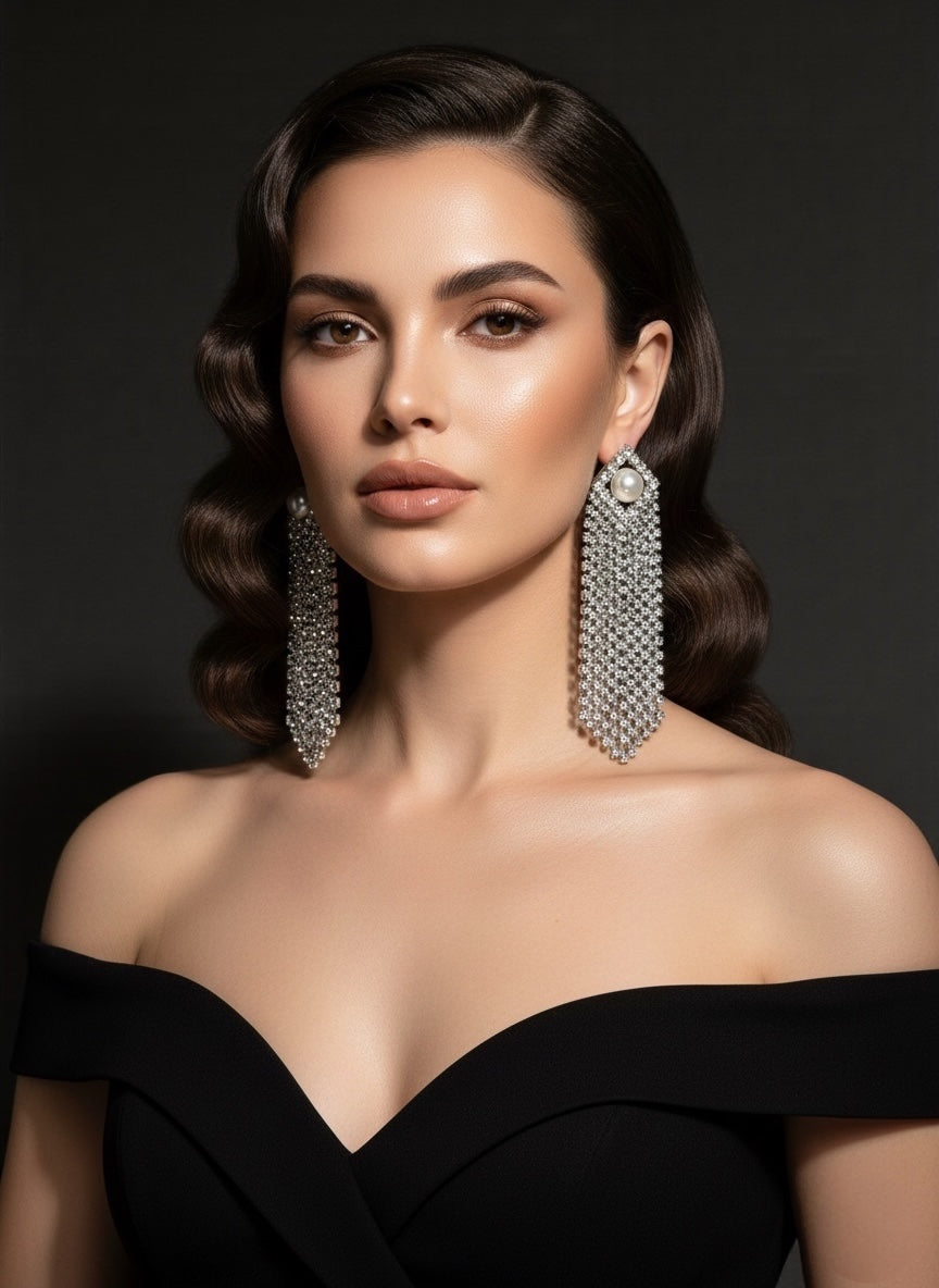 Elegant Crystal Tassel Statement Earrings with Pearl Stud – Long Rhinestone Drop (Gold or Silver) - Fatisha Boutique #