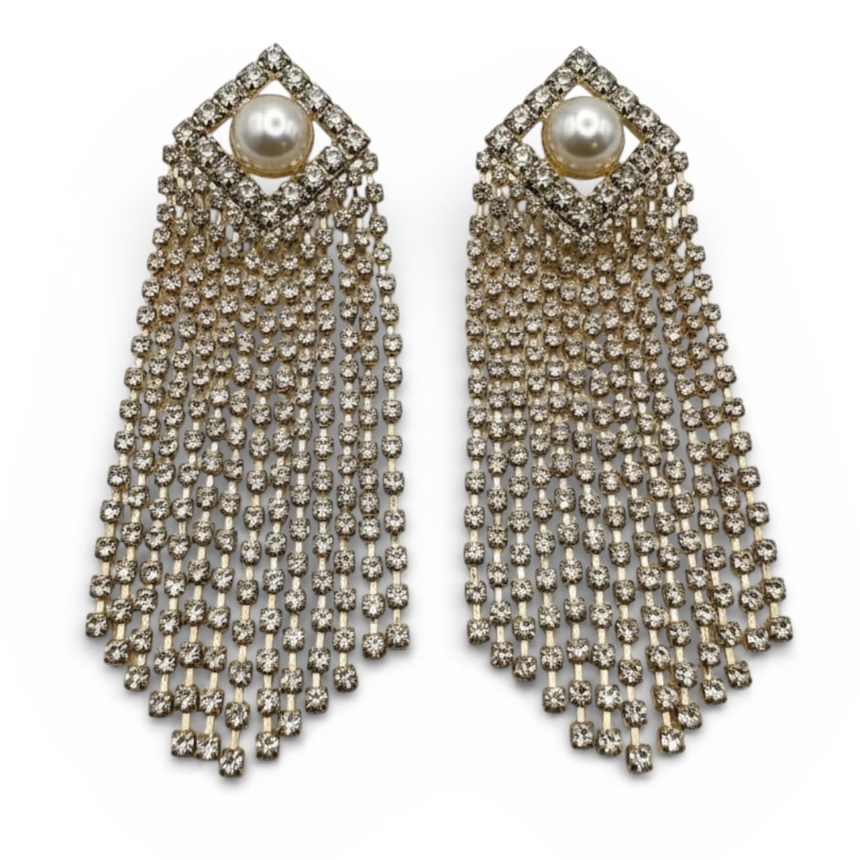 Elegant Crystal Tassel Statement Earrings with Pearl Stud – Long Rhinestone Drop (Gold or Silver) - Fatisha Boutique #