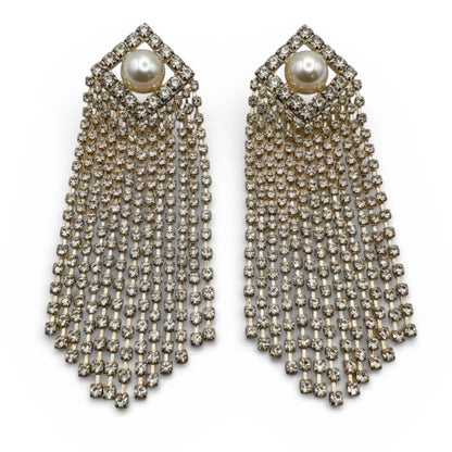 Elegant Crystal Tassel Statement Earrings with Pearl Stud – Long Rhinestone Drop (Gold or Silver) - Fatisha Boutique #