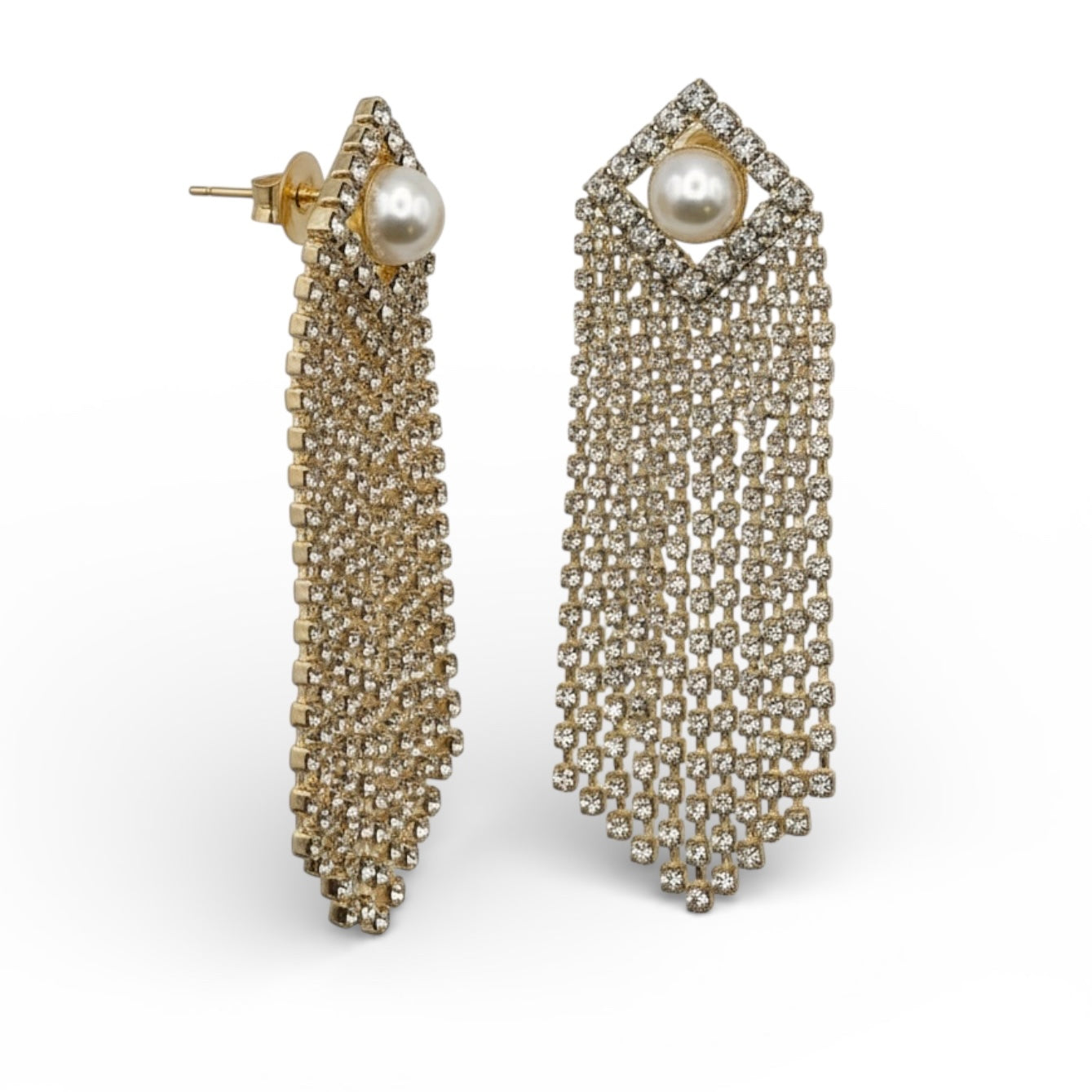 Elegant Crystal Tassel Statement Earrings with Pearl Stud – Long Rhinestone Drop (Gold or Silver) - Fatisha Boutique #