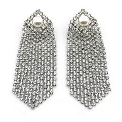 Elegant Crystal Tassel Statement Earrings with Pearl Stud – Long Rhinestone Drop (Gold or Silver) - Fatisha Boutique #
