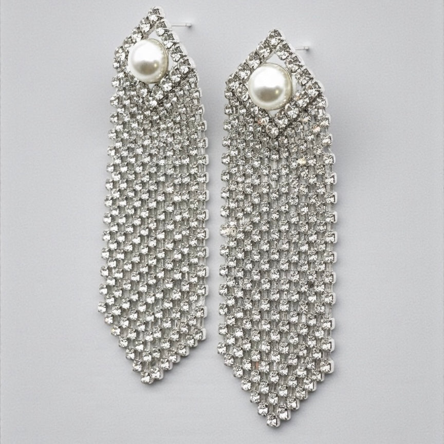 Elegant Crystal Tassel Statement Earrings with Pearl Stud – Long Rhinestone Drop (Gold or Silver) - Fatisha Boutique #