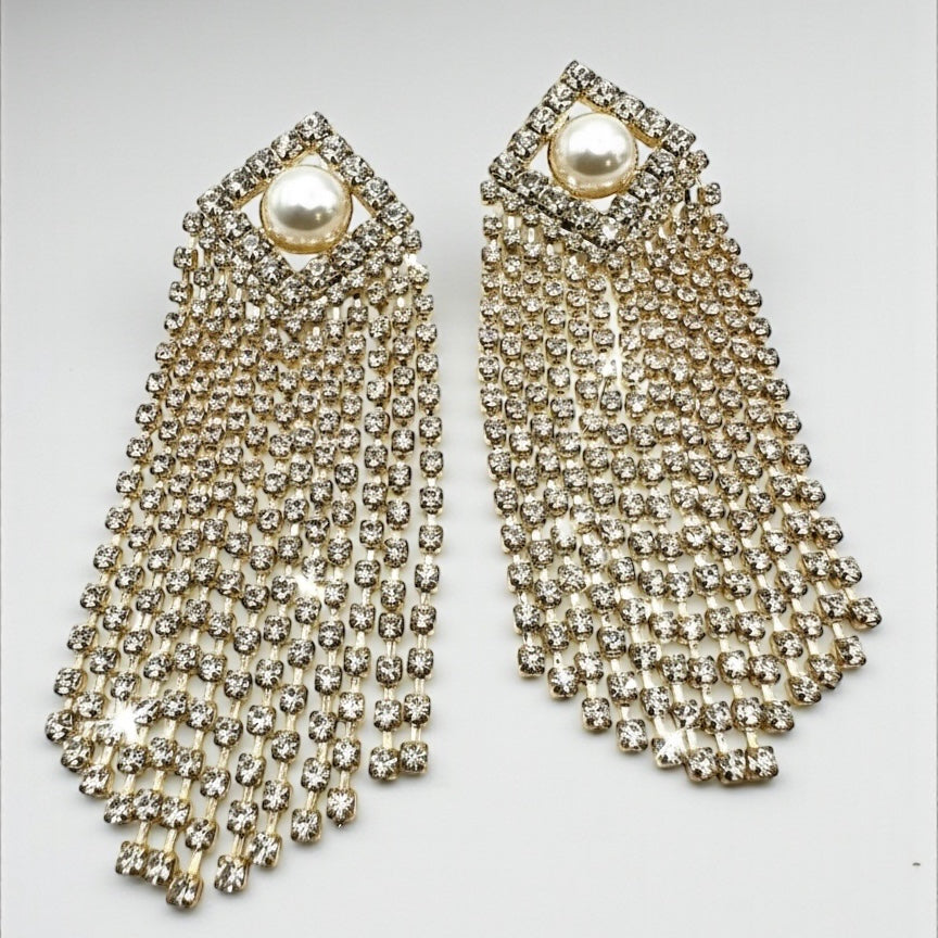 Elegant Crystal Tassel Statement Earrings with Pearl Stud – Long Rhinestone Drop (Gold or Silver) - Fatisha Boutique #