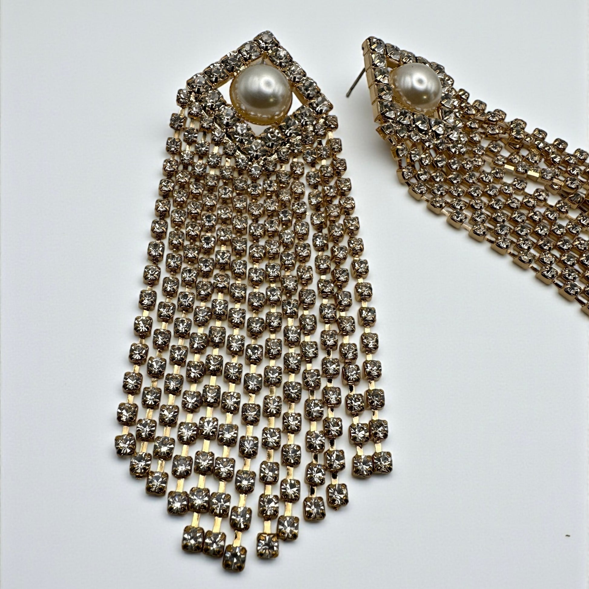 Elegant Crystal Tassel Statement Earrings with Pearl Stud – Long Rhinestone Drop (Gold or Silver) - Fatisha Boutique #