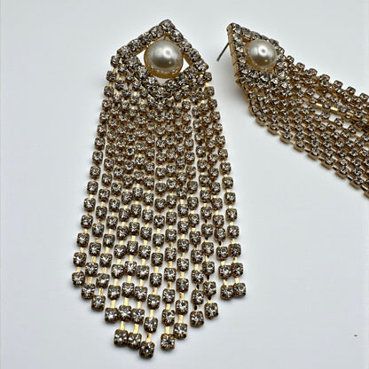 Elegant Crystal Tassel Statement Earrings with Pearl Stud – Long Rhinestone Drop (Gold or Silver) - Fatisha Boutique #