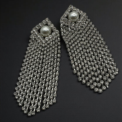 Elegant Crystal Tassel Statement Earrings with Pearl Stud – Long Rhinestone Drop (Gold or Silver) - Fatisha Boutique #