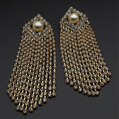 Elegant Crystal Tassel Statement Earrings with Pearl Stud – Long Rhinestone Drop (Gold or Silver) - Fatisha Boutique #