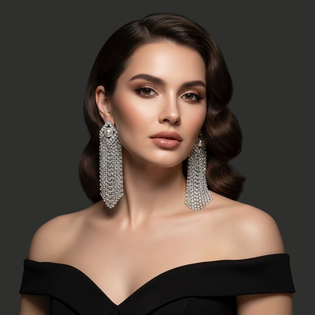 Elegant Crystal Tassel Statement Earrings with Pearl Stud – Long Rhinestone Drop (Gold or Silver) - Fatisha Boutique #