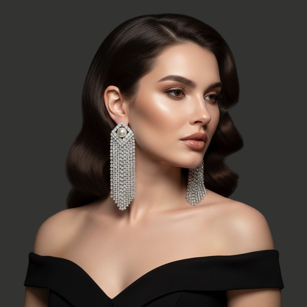 Elegant Crystal Tassel Statement Earrings with Pearl Stud – Long Rhinestone Drop (Gold or Silver) - Fatisha Boutique #