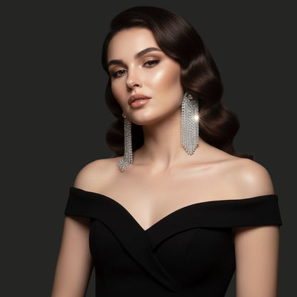 Elegant Crystal Tassel Statement Earrings with Pearl Stud – Long Rhinestone Drop (Gold or Silver) - Fatisha Boutique #