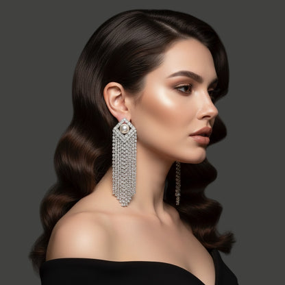 Elegant Crystal Tassel Statement Earrings with Pearl Stud – Long Rhinestone Drop (Gold or Silver) - Fatisha Boutique #