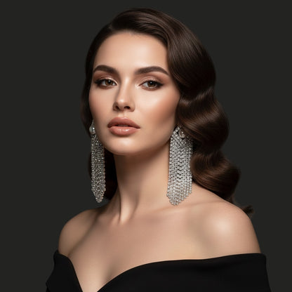 Elegant Crystal Tassel Statement Earrings with Pearl Stud – Long Rhinestone Drop (Gold or Silver) - Fatisha Boutique #