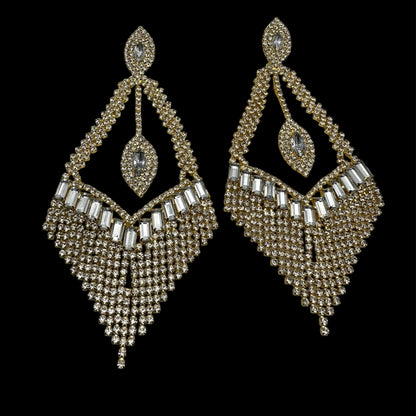 Luxury Crystal Chandelier Statement Earrings – Long Rhinestone Glam Drop (Gold, Silver or Grey) - Fatisha Boutique #