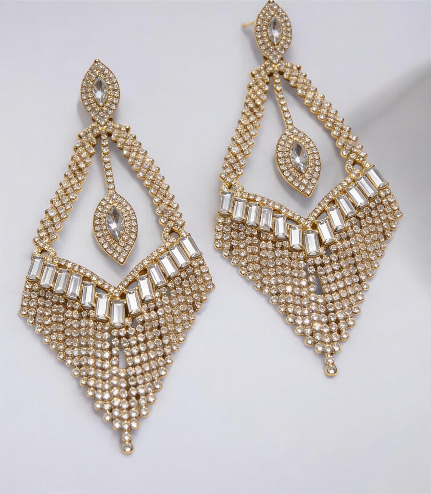 Luxury Crystal Chandelier Statement Earrings – Long Rhinestone Glam Drop (Gold, Silver or Grey) - Fatisha Boutique #