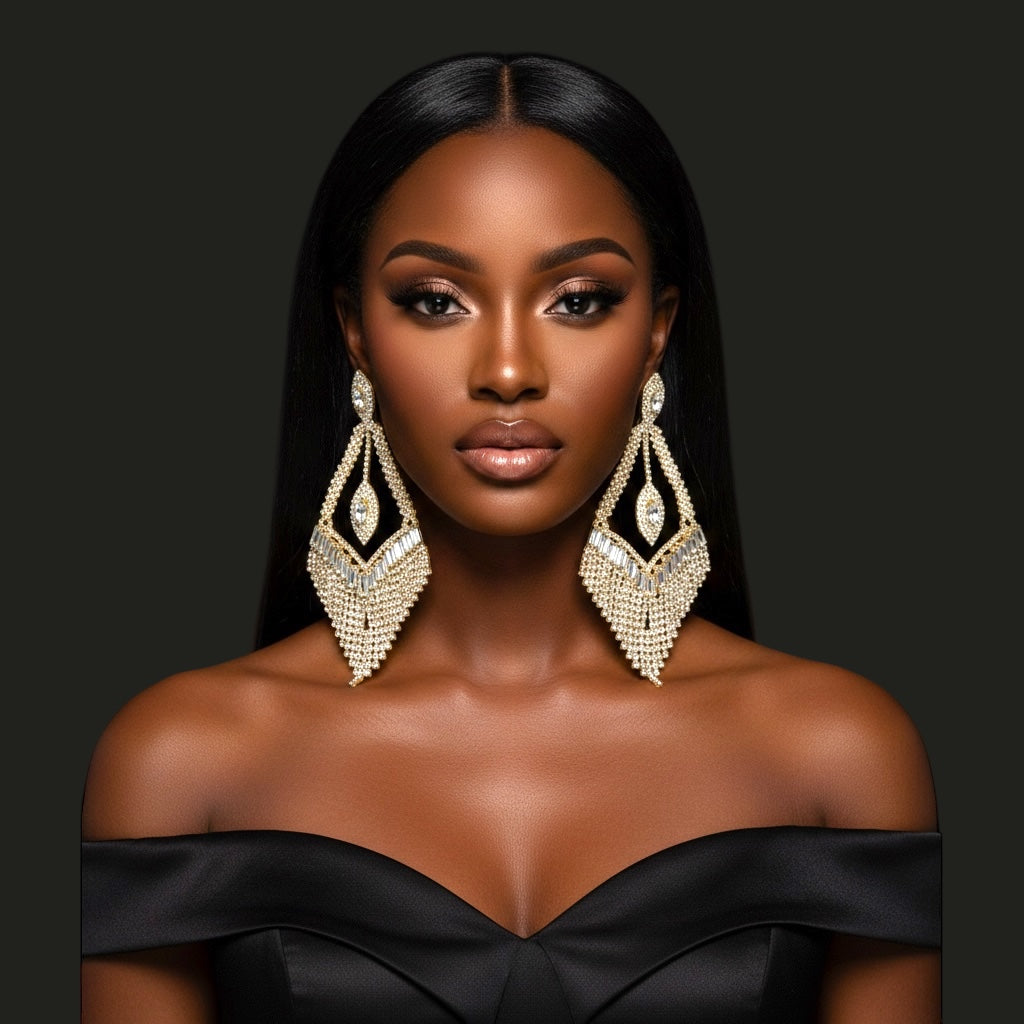 Luxury Crystal Chandelier Statement Earrings – Long Rhinestone Glam Drop (Gold, Silver or Grey) - Fatisha Boutique #