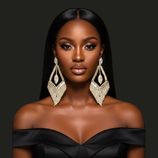 Luxury Crystal Chandelier Statement Earrings – Long Rhinestone Glam Drop (Gold, Silver or Grey) - Fatisha Boutique #