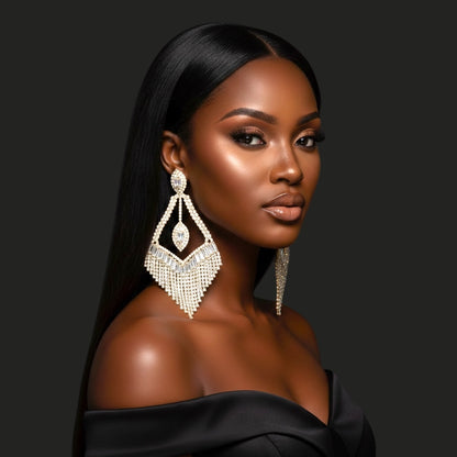 Luxury Crystal Chandelier Statement Earrings – Long Rhinestone Glam Drop (Gold, Silver or Grey) - Fatisha Boutique #