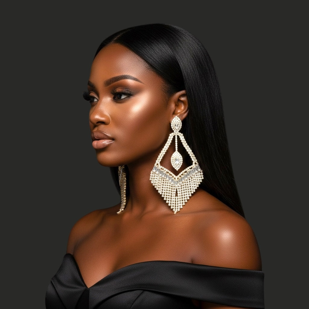 Luxury Crystal Chandelier Statement Earrings – Long Rhinestone Glam Drop (Gold, Silver or Grey) - Fatisha Boutique #