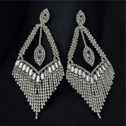 Luxury Crystal Chandelier Statement Earrings – Long Rhinestone Glam Drop (Gold, Silver or Grey) - Fatisha Boutique #