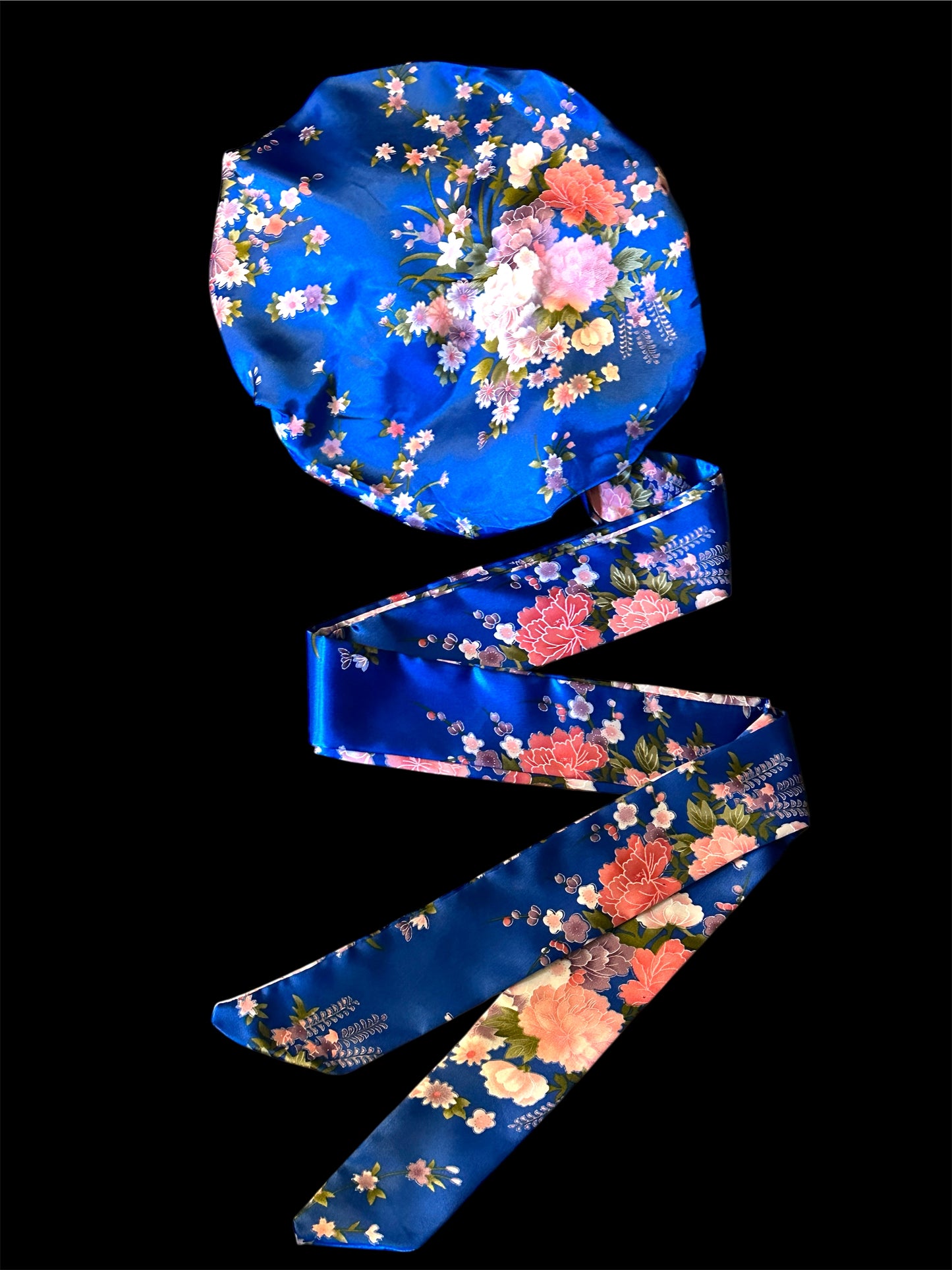 Luxury Blue Floral Satin Silk Bonnet with Long Ties – Adjustable Sleep Cap, Turban & Hair Wrap - Fatisha Boutique #