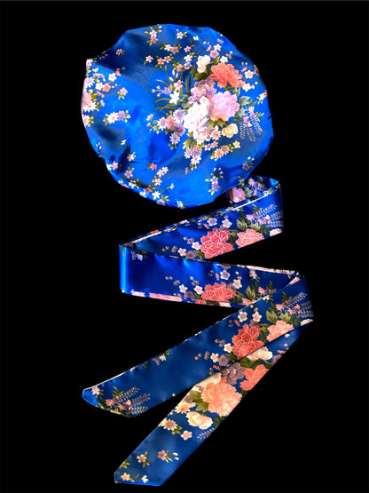 Luxury Blue Floral Satin Silk Bonnet with Long Ties – Adjustable Sleep Cap, Turban & Hair Wrap - Fatisha Boutique #