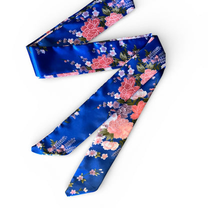 Luxury Blue Floral Satin Silk Bonnet with Long Ties – Adjustable Sleep Cap, Turban & Hair Wrap - Fatisha Boutique #