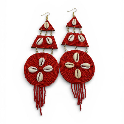 Red African Beaded Statement Earrings with Cowrie Shell – Long Tribal Drop