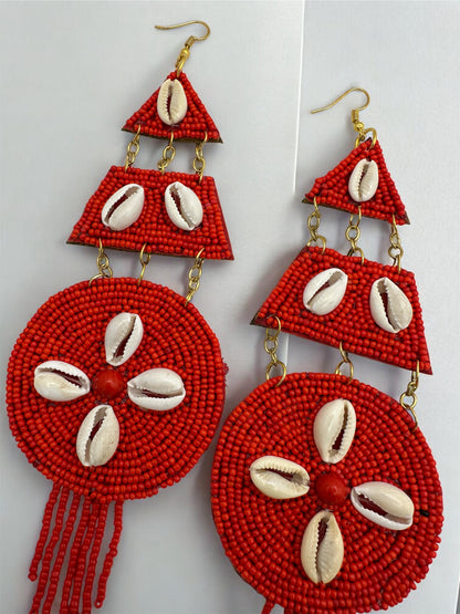 Red African Beaded Statement Earrings with Cowrie Shell – Long Tribal Drop