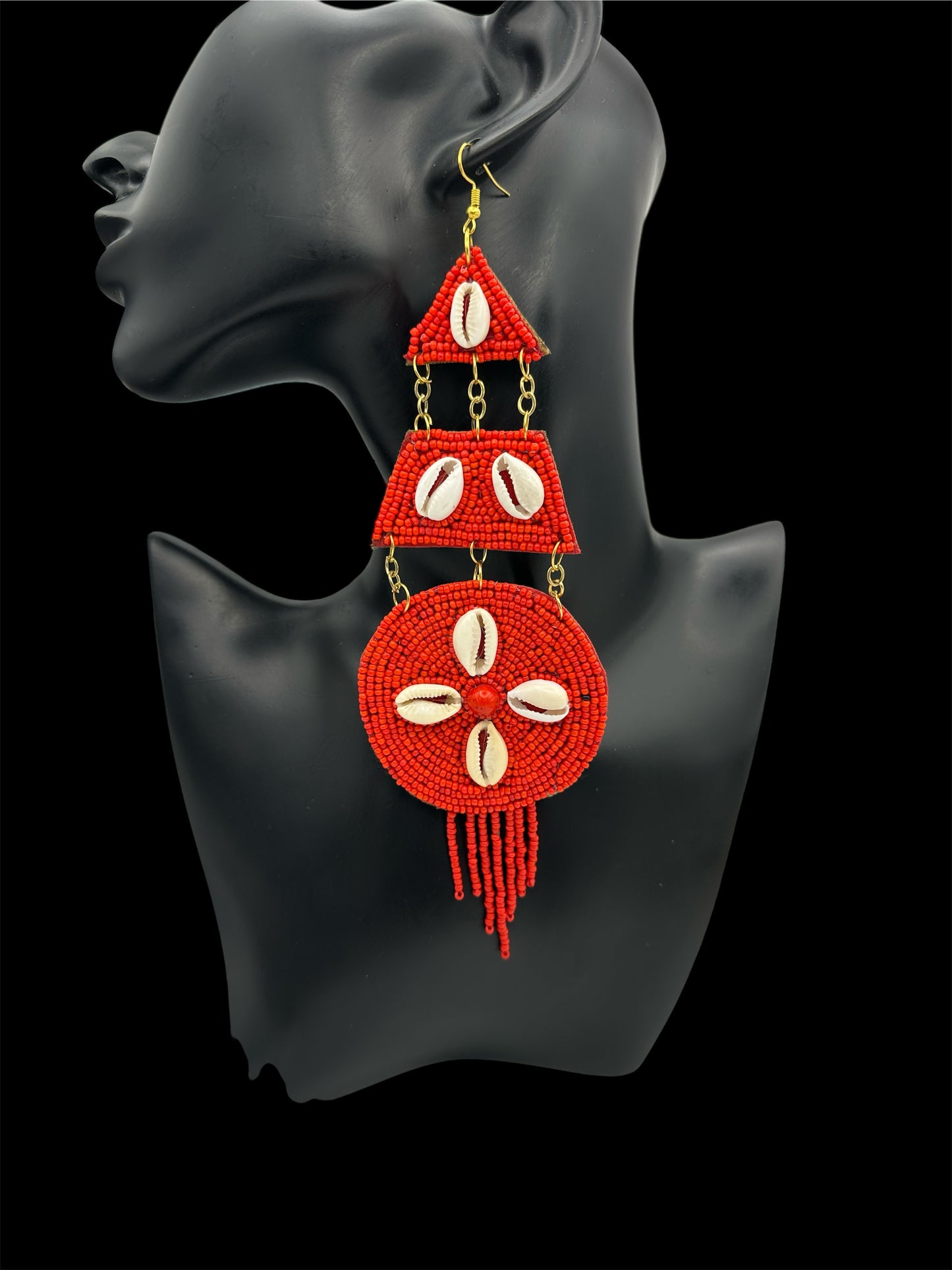 Red African Beaded Statement Earrings with Cowrie Shell – Long Tribal Drop