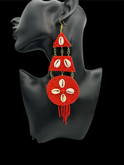 Red African Beaded Statement Earrings with Cowrie Shell – Long Tribal Drop